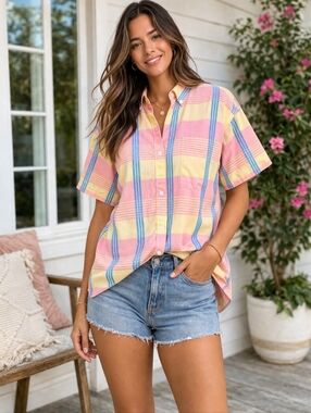 Vintage 90s Esprit Sport Pastel Plaid Button Up Shirt Boxy Oversized S